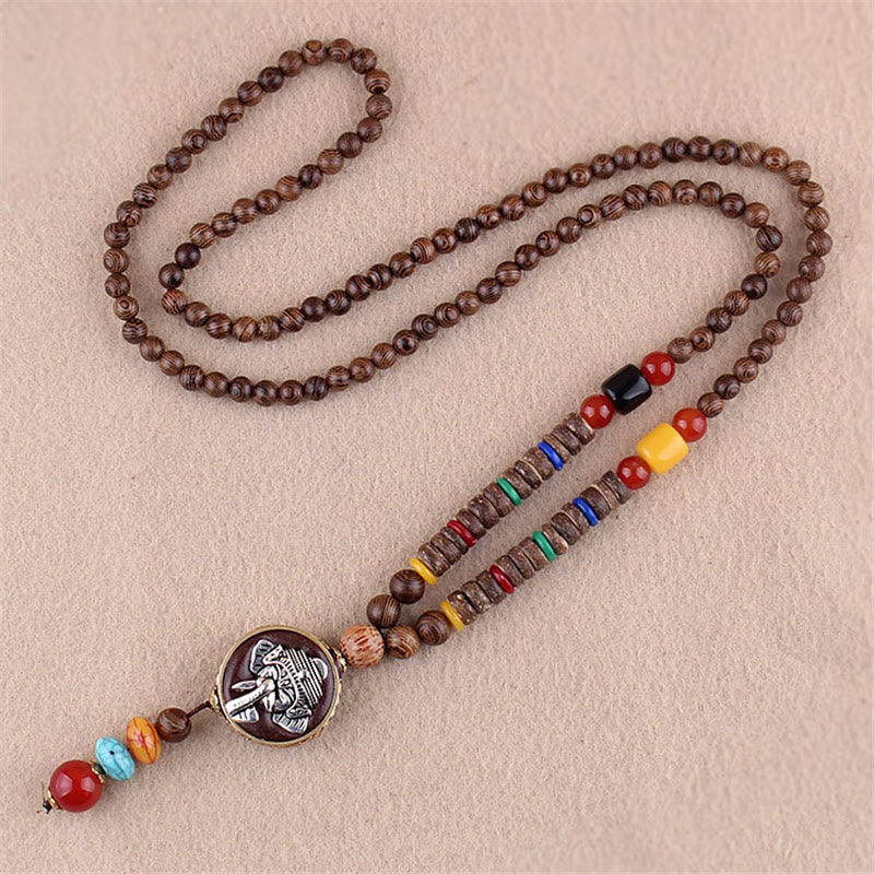 Nimara Ritual Tibetan Wenge Wood Bodhi Seed Agate Elephant Protection Necklace Pendant