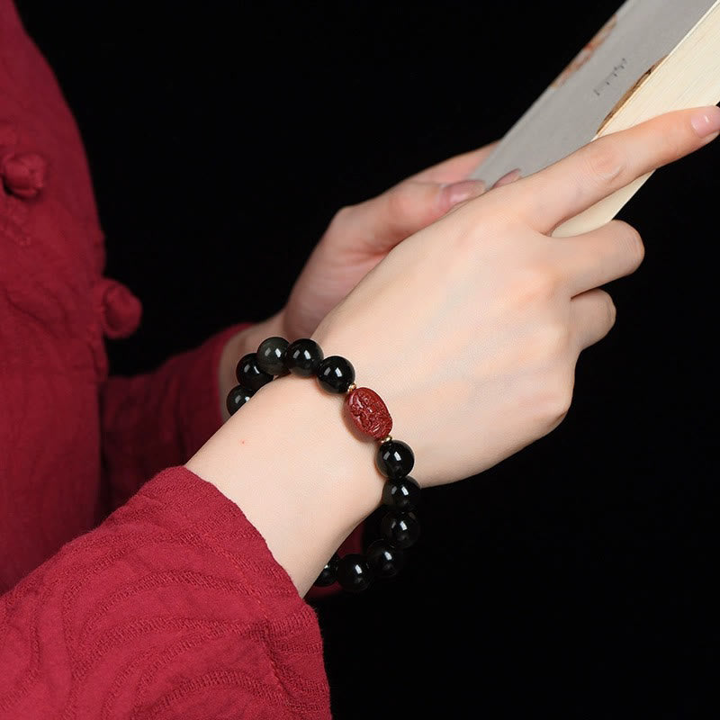 Nimara Ritual Chinese Zodiac Natal Buddha Natural Black Obsidian Cinnabar Purification Bracelet