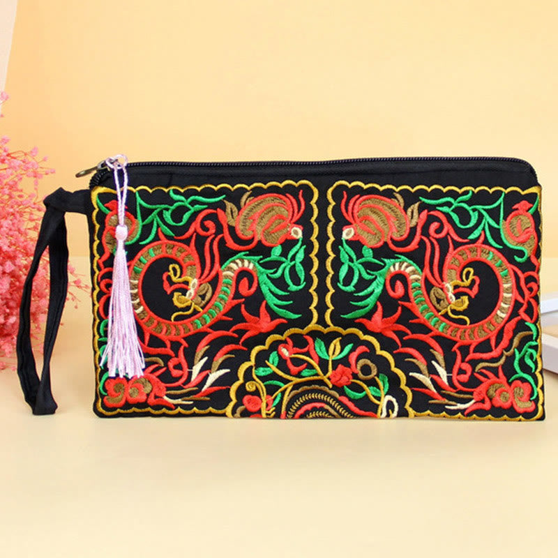 Nimara Ritual Dragon Butterfly Cosmos Flower Embroidery Wallet Shopping Purse