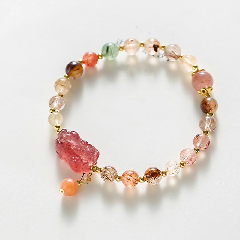 Nimara Ritual Natural Rutilated Quartz Strawberry Quartz PiXiu Wealth Bracelet