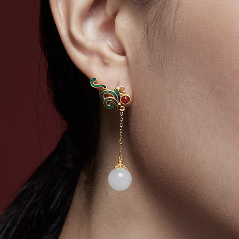 Nimara Ritual Vintage White Jade Red Agate Bead Blessing Drop Dangle Earrings