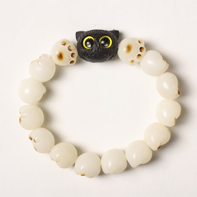 Nimara Ritual Natural Bodhi Seed Lovely Paw Ebony Wood Lucky Cat Wisdom Bracelet