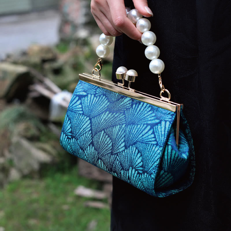 Nimara Ritual Vintage Peacock Blue Leaf Pattern Pearl Metal Handbag