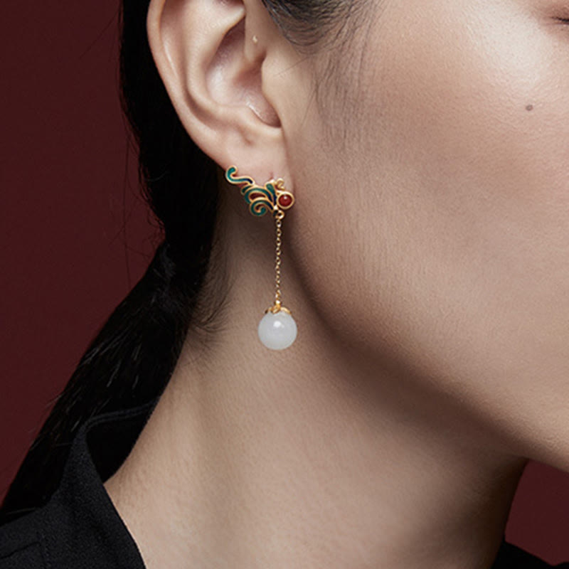 Nimara Ritual Vintage White Jade Red Agate Bead Blessing Drop Dangle Earrings