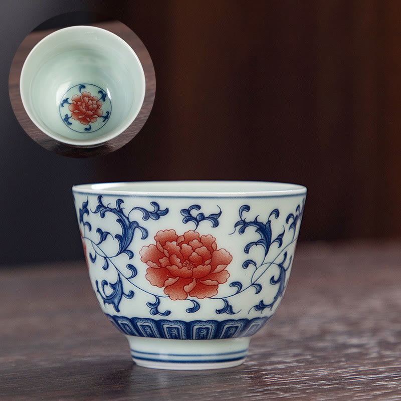Nimara Ritual Blue Landscape Mountains Lotus Cute Cat Pavilions Magnolia Reed Egrets Ceramic Teacup Small Kung Fu Tea Cup