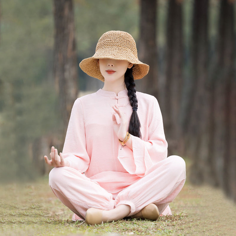 Nimara Ritual 2Pcs Plain Design Top Pants Meditation Yoga Zen Tai Chi Cotton Linen Clothing Women's Set