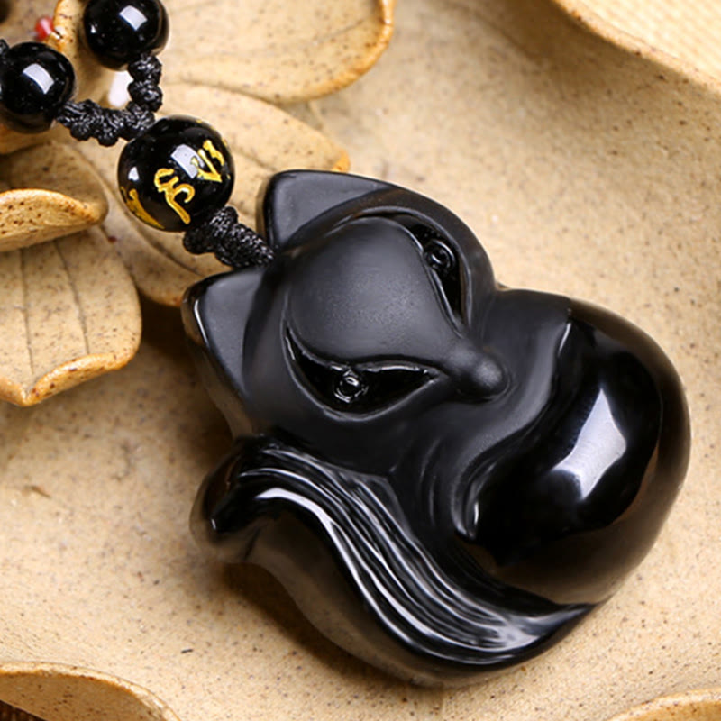Nimara Ritual Natural Black Obsidian Tiger Eye Ice Obsidian Fox Pendant Amulet Necklace