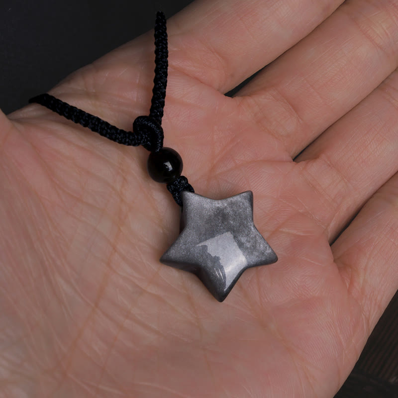 Nimara Ritual Natural Silver Sheen Obsidian Star Crescent Moon Protection Necklace Pendant