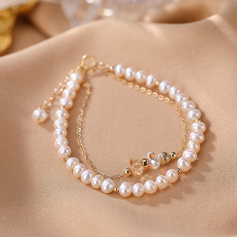 Nimara Ritual 925 Sterling Silver Plated 14k Gold Natural Pearl Crystal Healing Double Layer Bracelet
