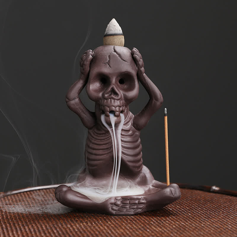 Nimara Ritual Little Skull Ghost Purple Clay Backflow Smoke Fountain Peace Incense Burner Decoration