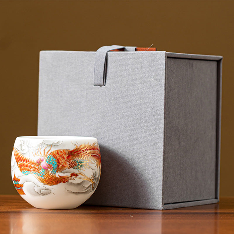 Nimara Ritual Dragon Phoenix Auspicious Clouds Ceramic Teacup Kung Fu Tea Cup With Gift Box