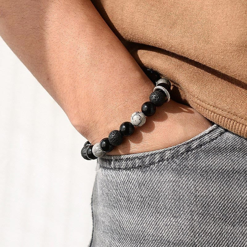 Nimara Ritual Vintage Lava Rock Black Obsidian Picasso Jasper Beads Support Rope Bracelet