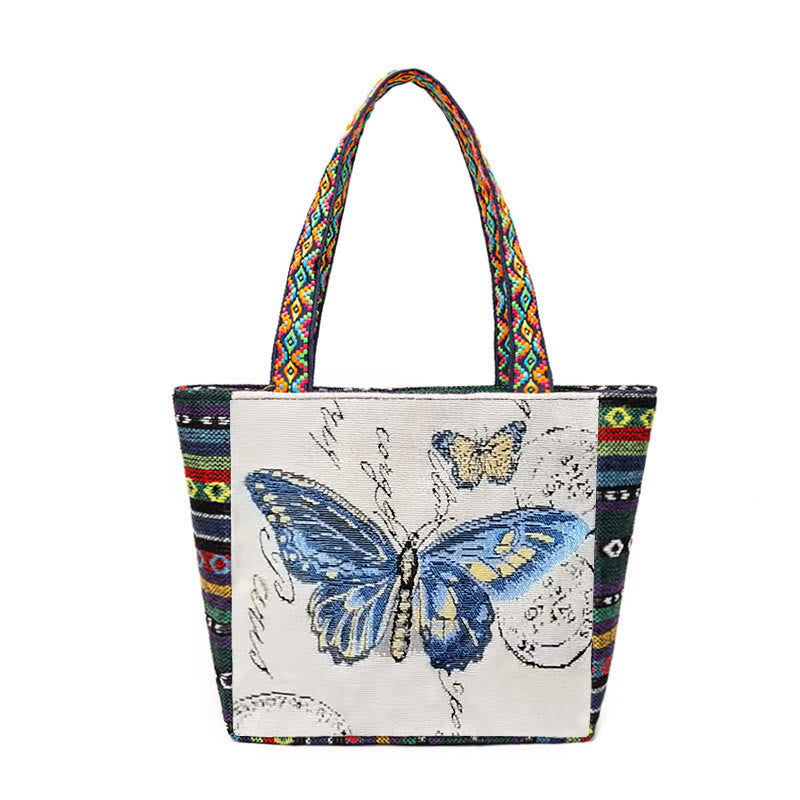 Nimara Ritual Elephant Butterfly Embroidered Large Capacity Canvas Tote Bag Shoulder Bag