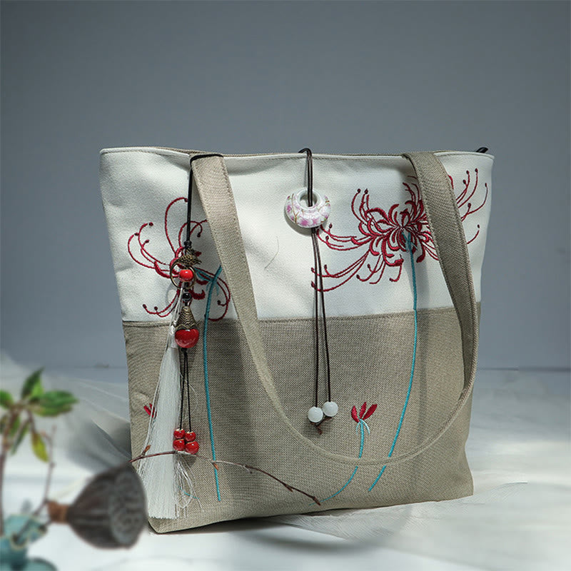 Nimara Ritual Pear Flower Plum Peach Blossom Bamboo Embroidery Canvas Large Capacity Shoulder Bag Tote Bag