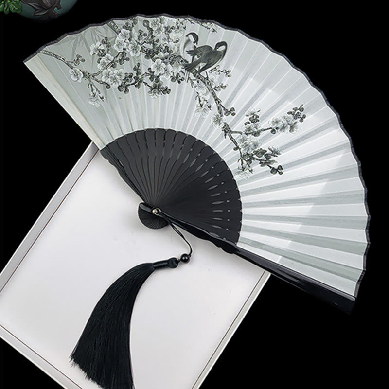Nimara Ritual Vintage Bamboo Peony Butterfly Lotus Handheld Silk Folding Fan With Bamboo Frames