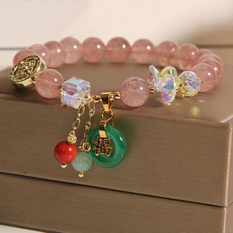 Nimara Ritual Strawberry Quartz Jade Fu Character Charm Healing Bracelet