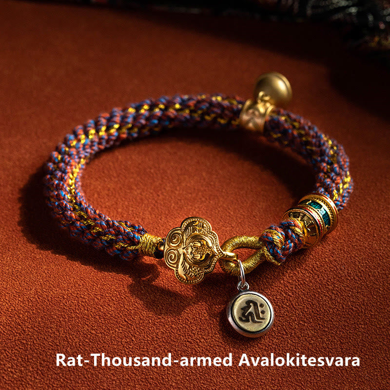 Nimara Ritual 925 Sterling Silver Chinese Zodiac Natal Buddha Om Mani Padme Hum Luck Bell Braided String Bracelet