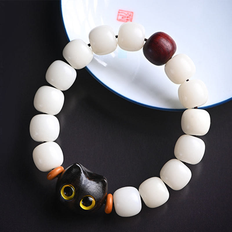 Nimara Ritual Natural Bodhi Seed Small Leaf Red Sandalwood Ebony Wood Cute Lucky Cat Wisdom Bracelet