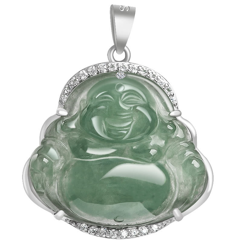 Nimara Ritual Laughing Buddha Natural Jade Luck Prosperity Necklace Titanium Steel Chain Pendant