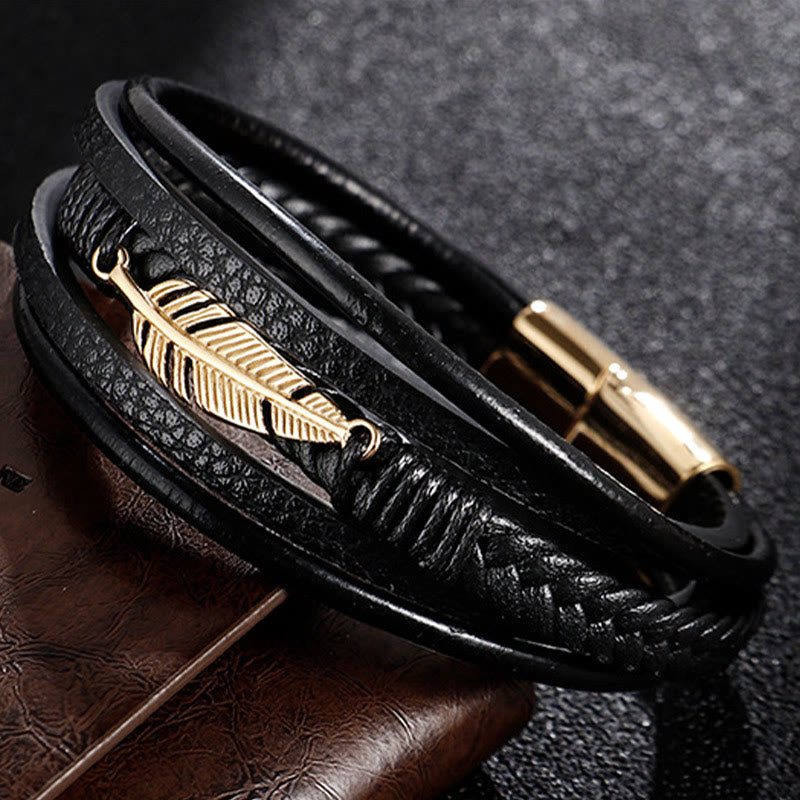 Nimara Ritual Feather Pattern Multilayer Leather Titanium Steel Calm Braided Magnetic Buckle Bracelet
