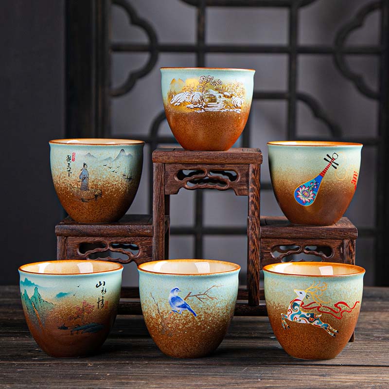 Nimara Ritual Colorful Deer Pipa Snow Plum Blossoms Mountains Rivers Bird Ceramic Teacup Kung Fu Tea Cup Bowl