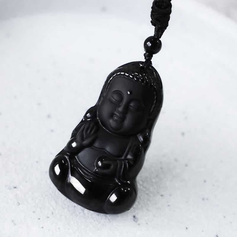 Nimara Ritual Natural Black Obsidian Crystal Buddha Strength Protection Amulet Lucky Charm Pendant Necklace