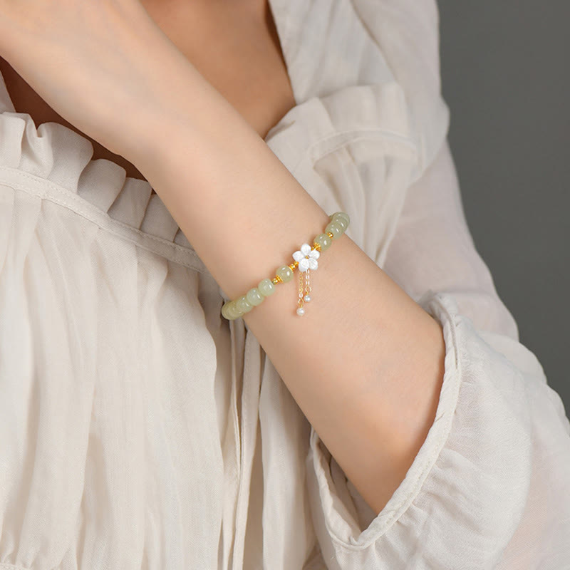 Nimara Ritual 925 Sterling Silver Natural Hetian Jade Luck Flower Bracelet