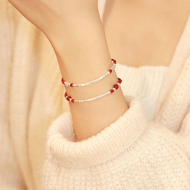 Nimara Ritual 925 Sterling Silver Bamboo White Agate Red Agate Bead Protection String Braided Bracelet