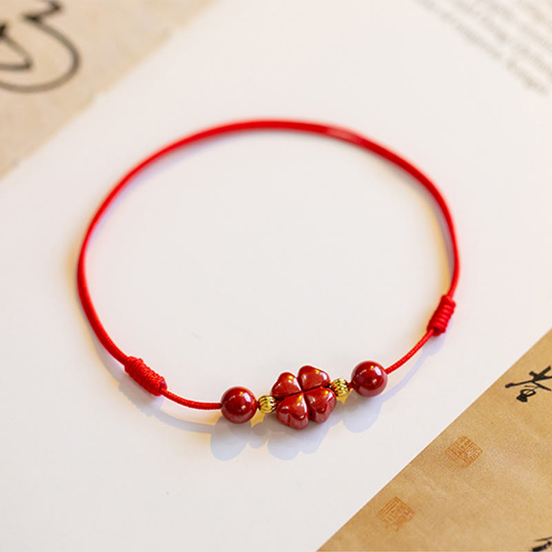 Nimara Ritual Four Leaf Clover Cinnabar Blessing Calm String Bracelet Anklet
