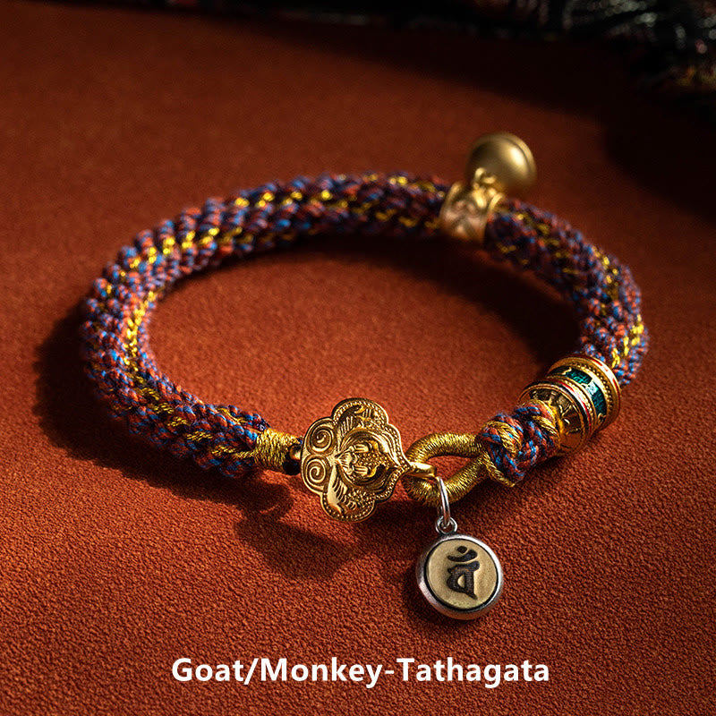 Nimara Ritual 925 Sterling Silver Chinese Zodiac Natal Buddha Om Mani Padme Hum Luck Bell Braided String Bracelet