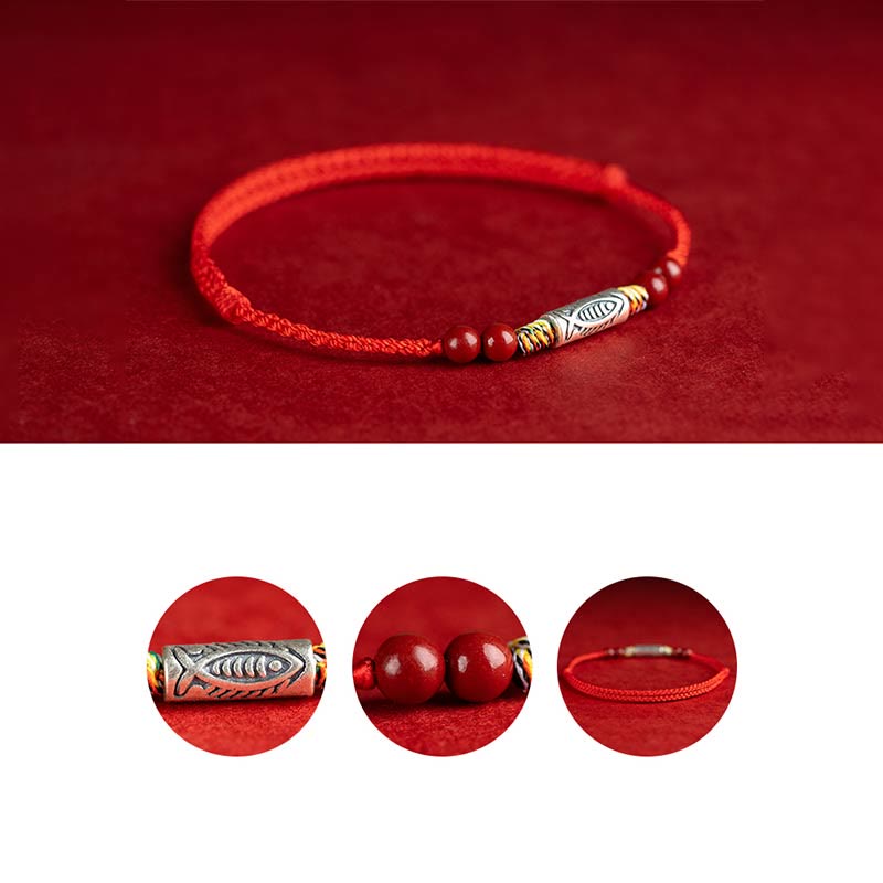 Nimara Ritual 925 Sterling Silver Koi Fish Cinnabar Bead Wealth Handcrafted Braided Bracelet Anklet