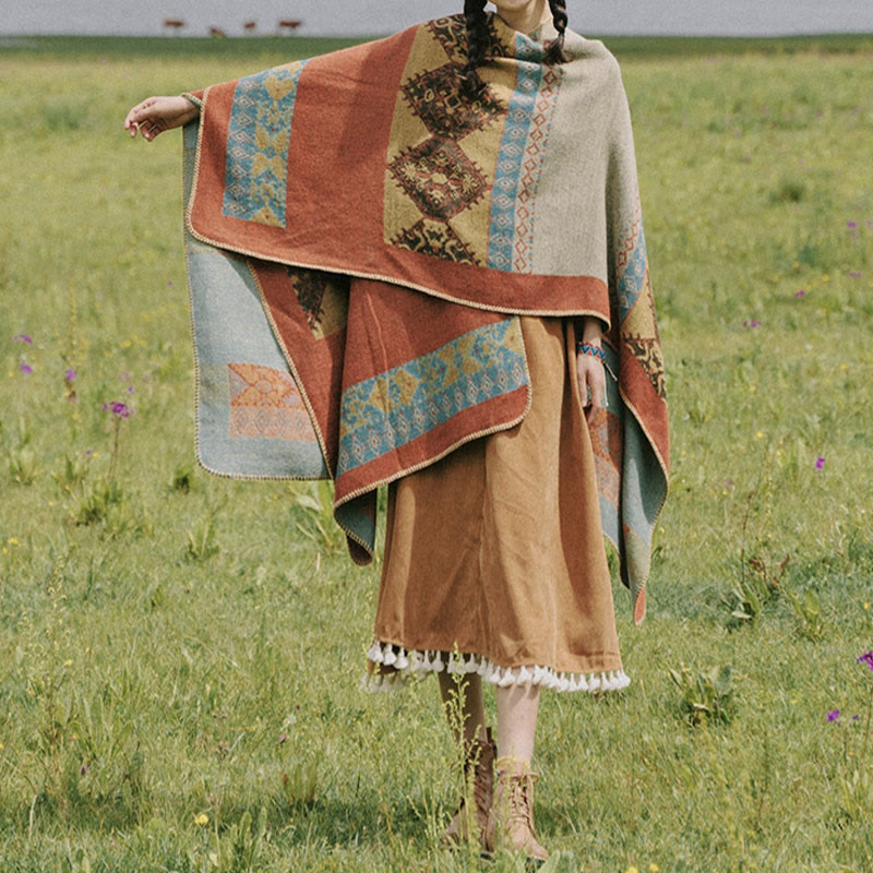 Nimara Ritual Tibetan Shawl Diamond Pattern Winter Warm Cloak Scarf