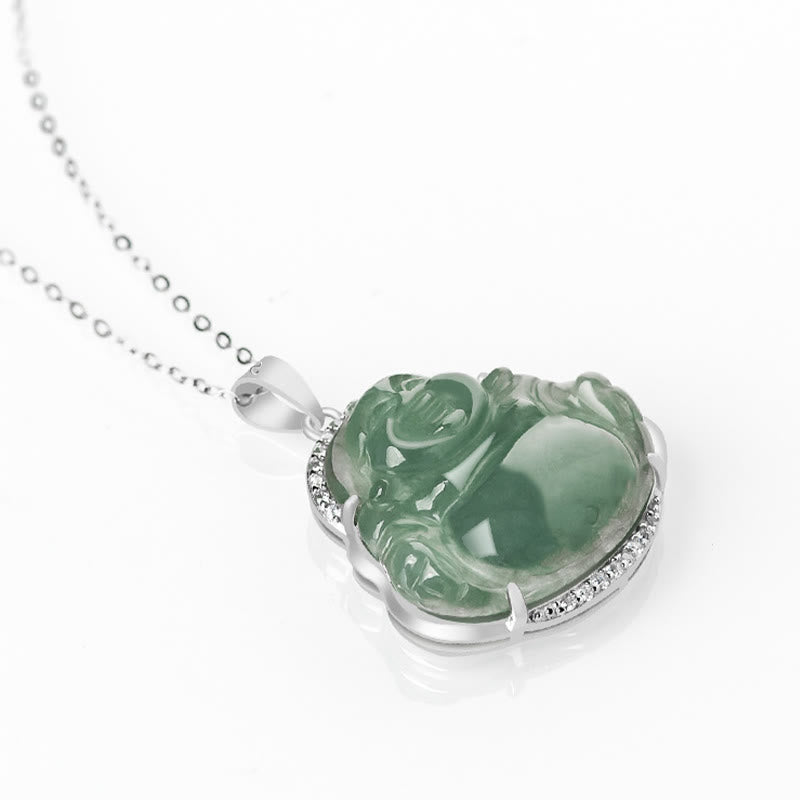 Nimara Ritual Laughing Buddha Natural Jade Luck Prosperity Necklace Titanium Steel Chain Pendant