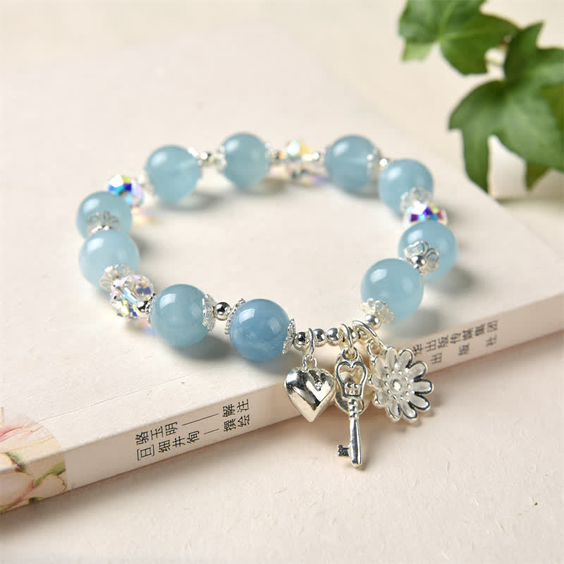 Nimara Ritual 925 Sterling Silver Natural Aquamarine Serenity Flower Love Key Charm Bracelet