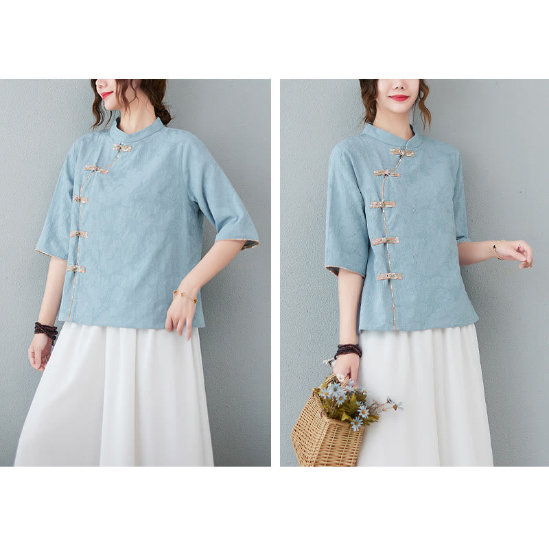 Nimara Ritual Floral Pattern Frog-Button Half Sleeve Cotton Linen Shirt