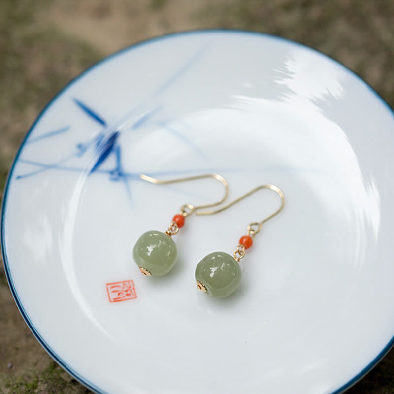 Nimara Ritual 925 Sterling Silver Plated 14k Gold Hetian Jade Red Agate Luck Drop Dangle Earrings