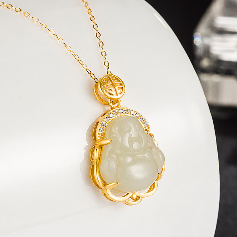 Nimara Ritual 925 Sterling Silver Laughing Buddha Hetian White Jade Protection Necklace Pendant