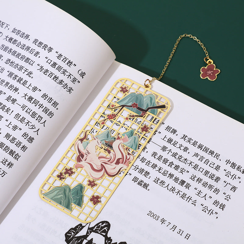Nimara Ritual Elk Koi Fish Crane Nine Tailed Fox Metal Brass Hollow Bookmark