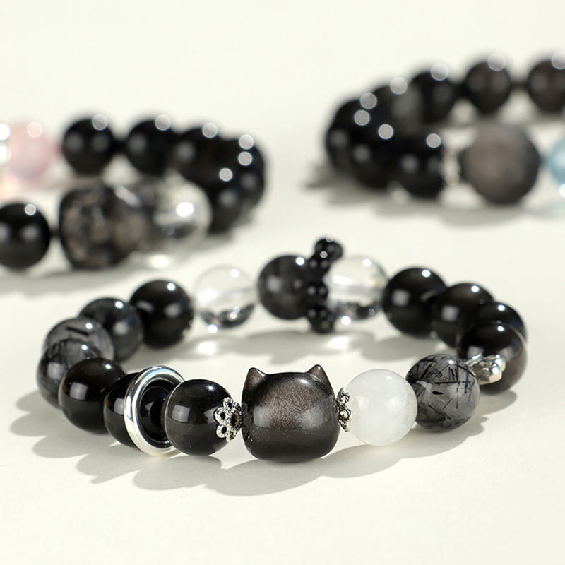 Nimara Ritual Natural Silver Sheen Obsidian Cat Head Fox Planet Protection Bracelet