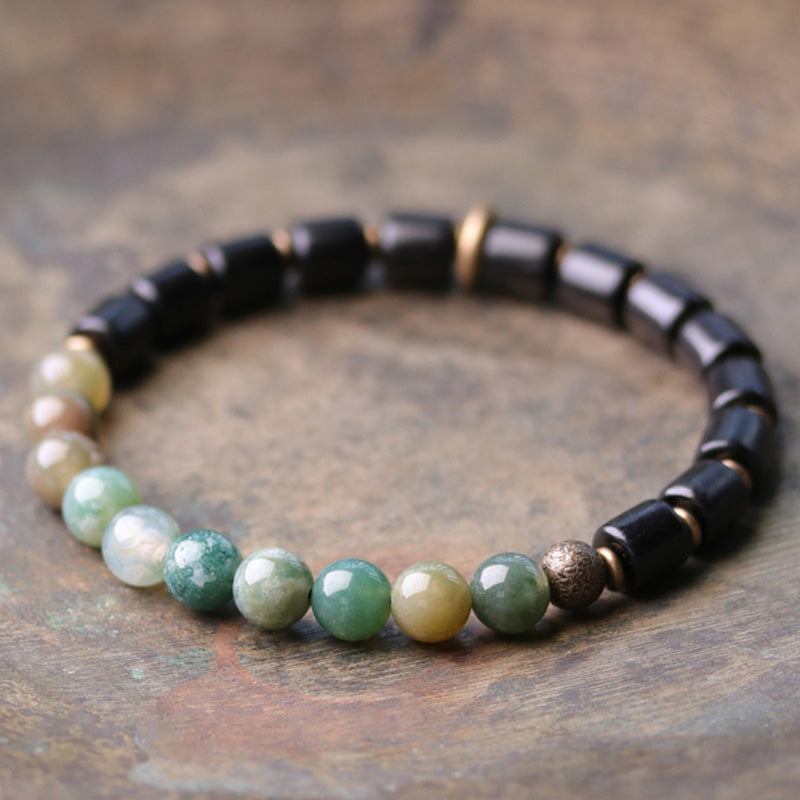 Nimara Ritual Ebony Wood Red Jasper Moss Agate Crystal Copper Peace Couple Bracelet