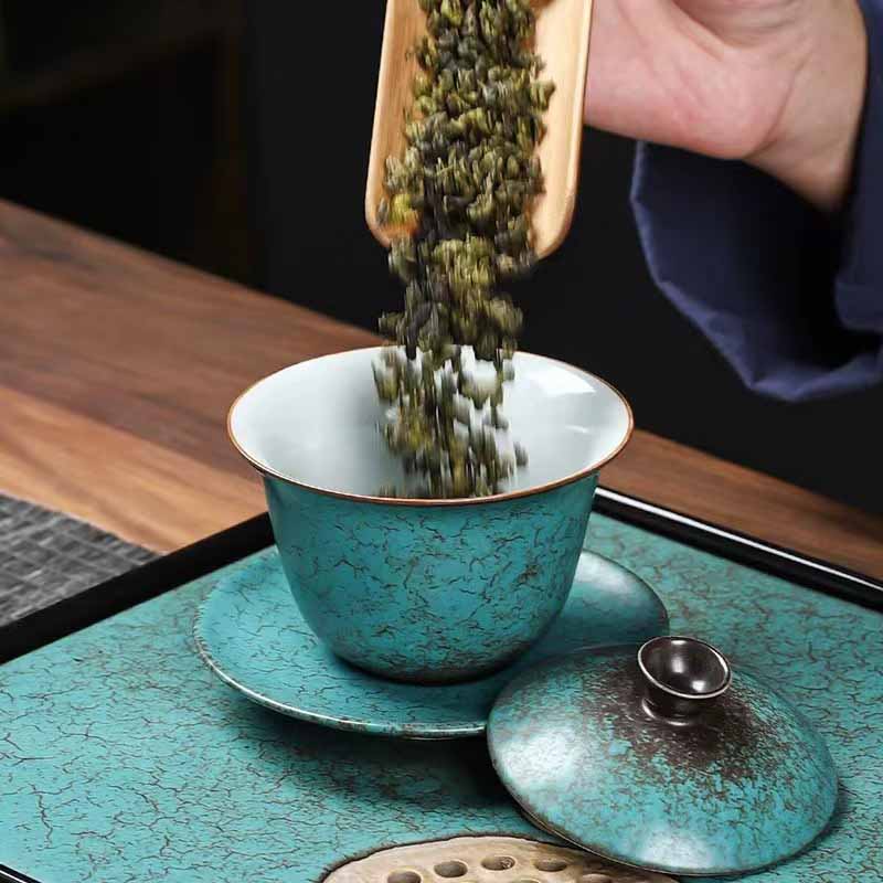 Nimara Ritual Traditional Pine Tree Green Ceramic Gaiwan Sancai Teacup Kung Fu Tea Cup And Saucer With Lid