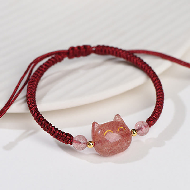 Nimara Ritual Handmade Natural Silver Sheen Obsidian Strawberry Quartz Cute Cat Protection Braided Bracelet