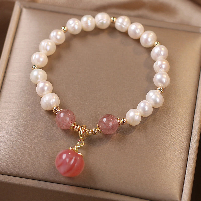 Nimara Ritual Natural Pearl Strawberry Quartz Peach Love Heart Wisdom Charm Bracelet