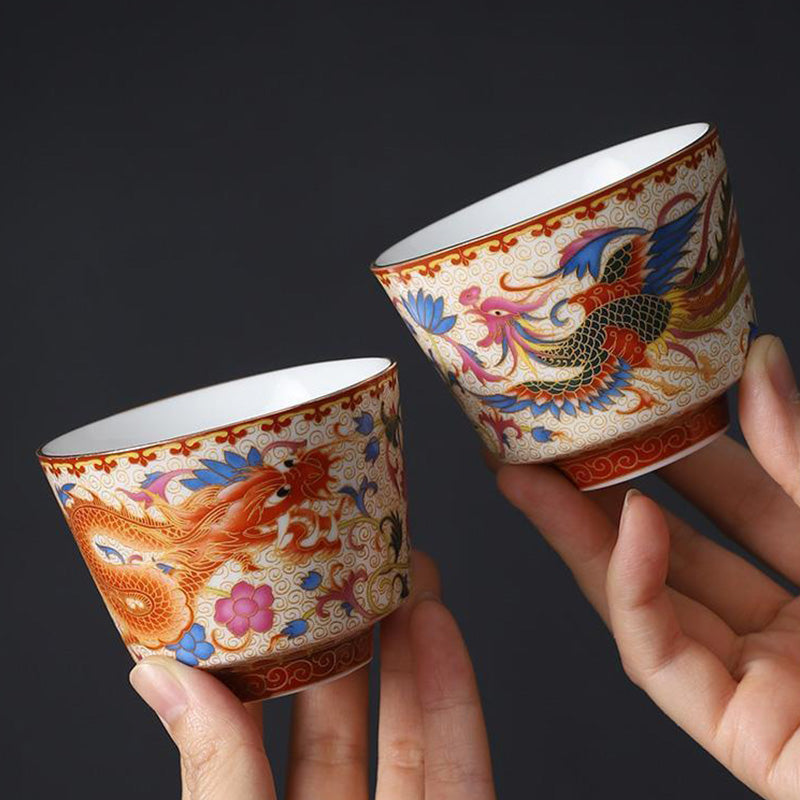 Nimara Ritual 2Pcs Dragon Phoenix Ceramic Teacup Kung Fu Tea Cups