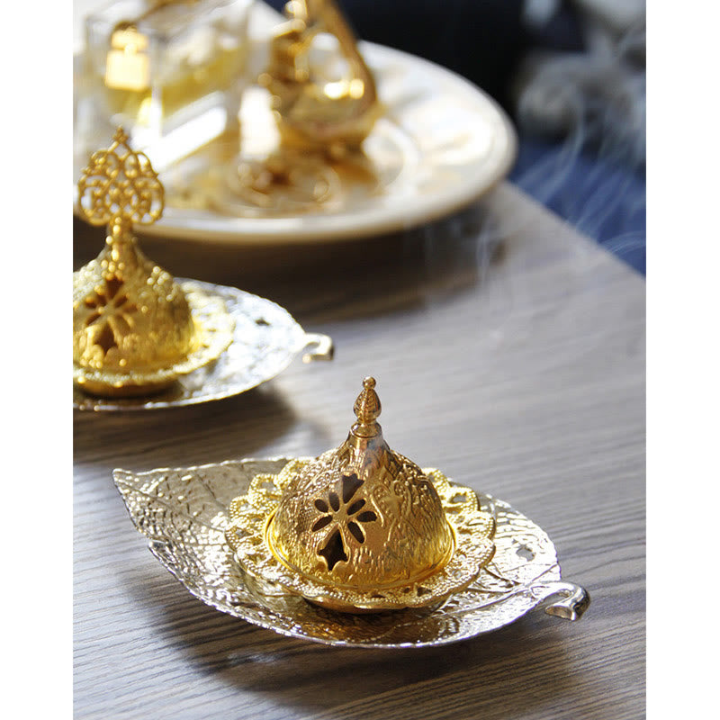 Nimara Ritual Tibetan Gold Mini Leaf Coaster Meditation Incense Burner