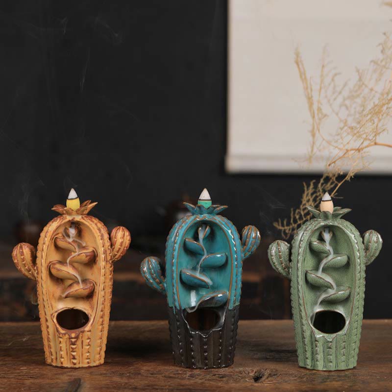 Nimara Ritual Cactus Ceramic Healing Backflow Smoke Fountain Incense Burner