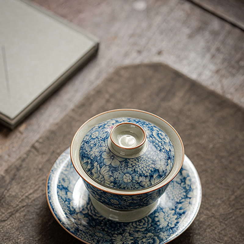 Nimara Ritual Vintage Blue And White Porcelain Peach Blossom Lotus Peony Ceramic Gaiwan Sancai Teacup Kung Fu Tea Cup And Saucer With Lid