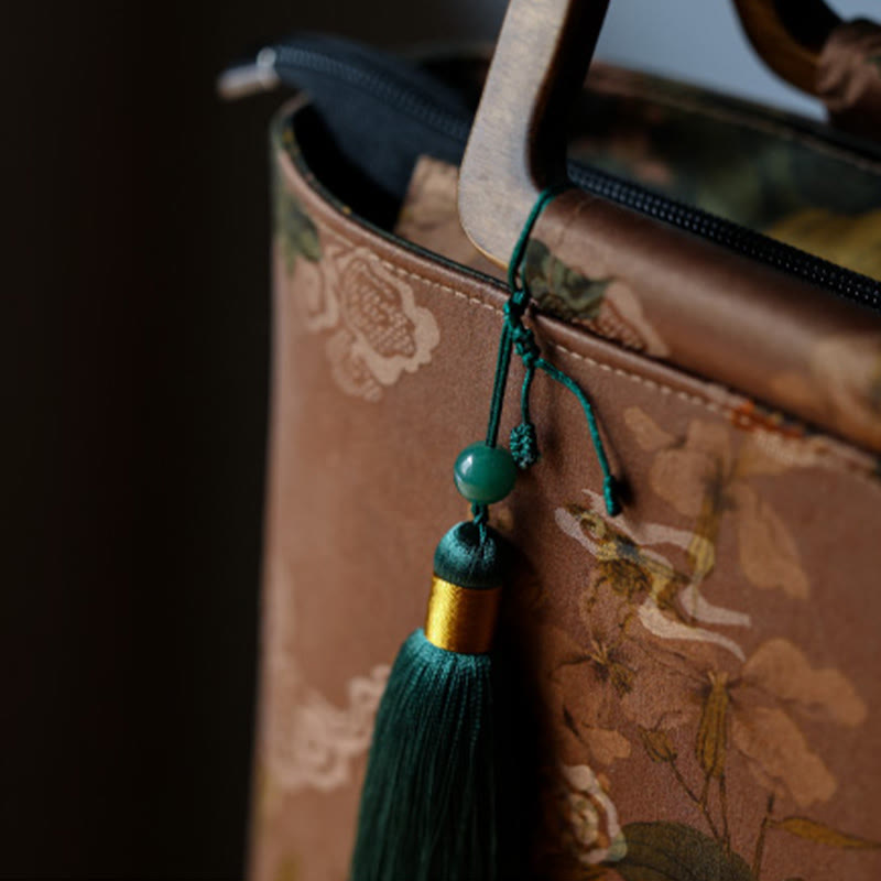 Nimara Ritual Vintage Brown Flowers Green Bamboo Leaves Wood Handles Zipper Handbag