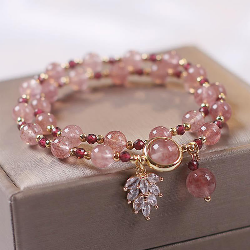 Nimara Ritual Natural Strawberry Quartz Love Healing Maple Leaf Charm Double Wrap Bracelet