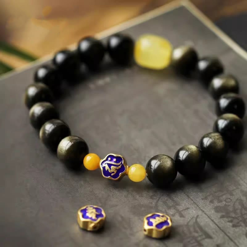 Nimara Ritual 925 Sterling Silver Chinese Zodiac Natal Buddha Natural Gold Sheen Obsidian Amber Wealth Protection Bracelet